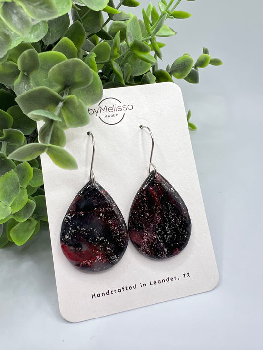 Red and Black Small Wide Teardrop Drop Earrings in Silver