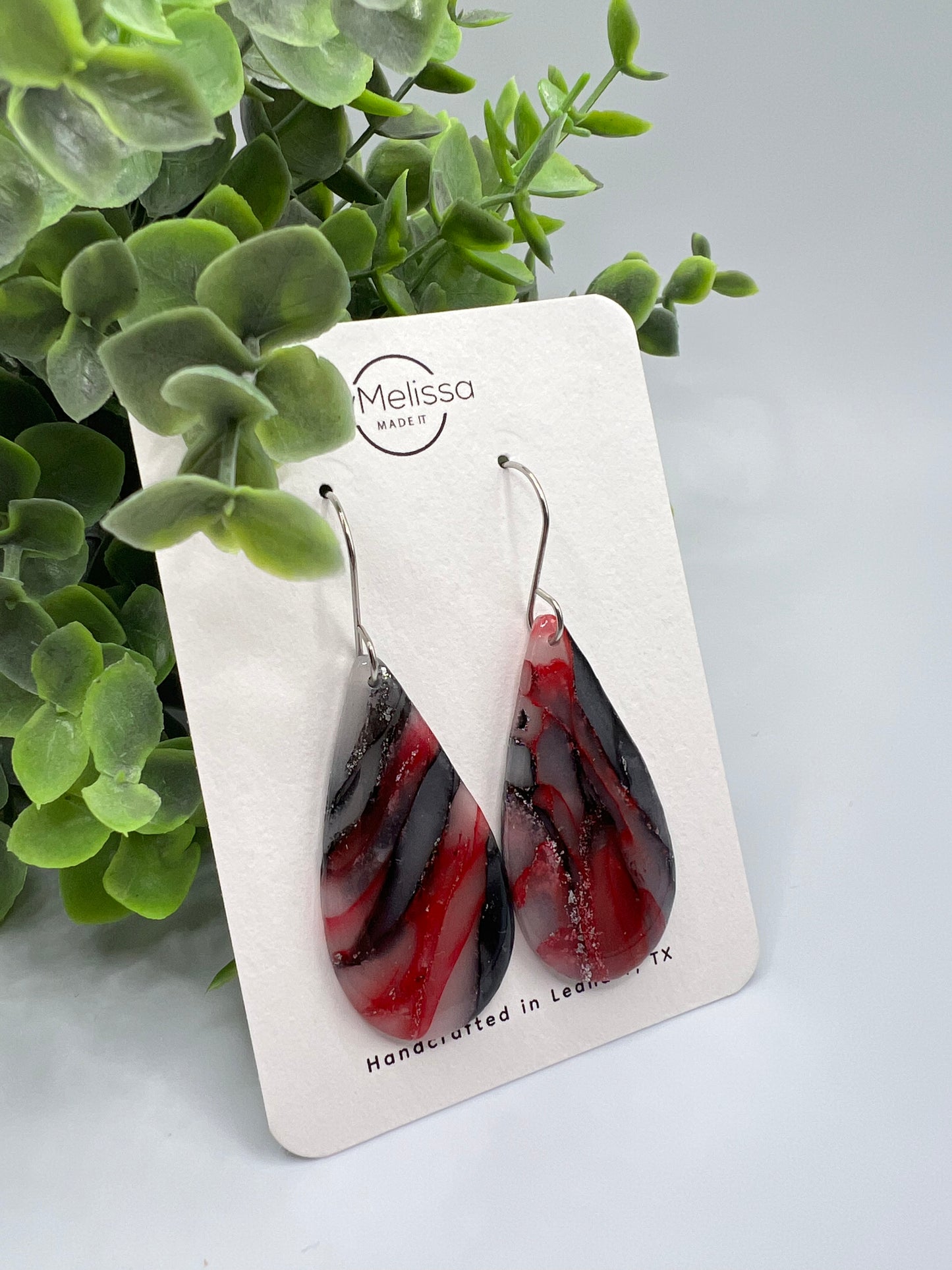 Red and Black Small Teardrop Drop Earrings in Silver