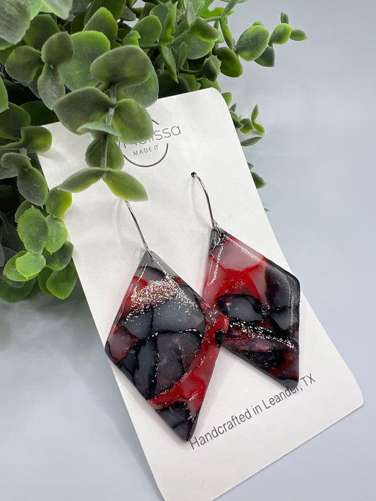 Red and Black Large Diamond Drop Earrings in Silver