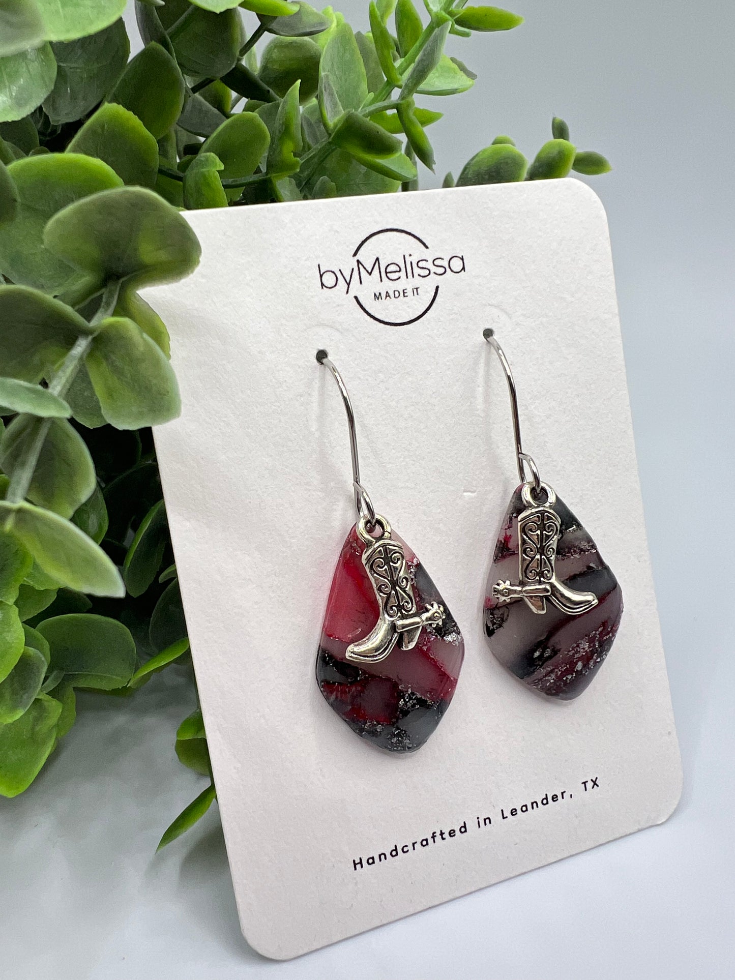 Red and Black Small Kite Drop Earrings with Boot Charm in Silver