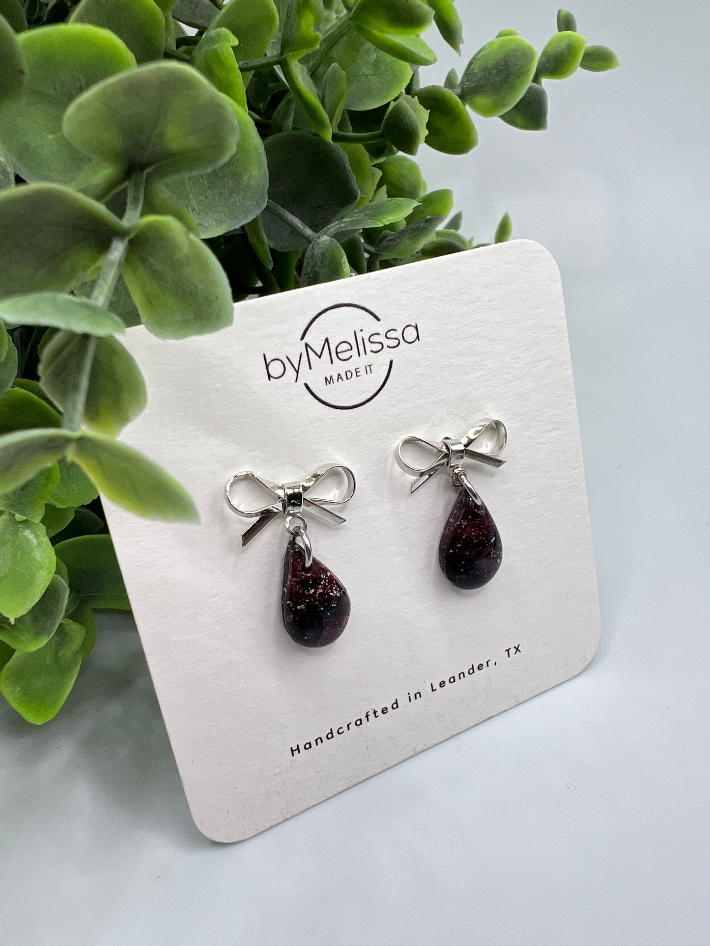 Red and Black Bowknot Teardrop Earrings in Silver