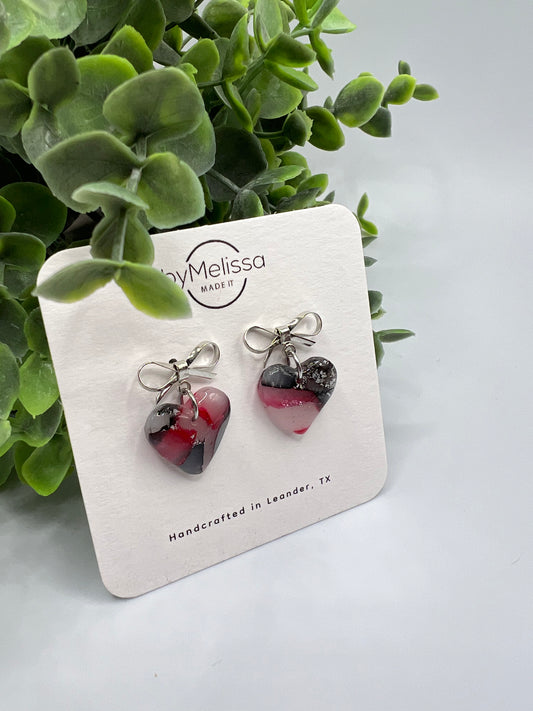 Red and Black Bowknot Heart Earrings in Silver