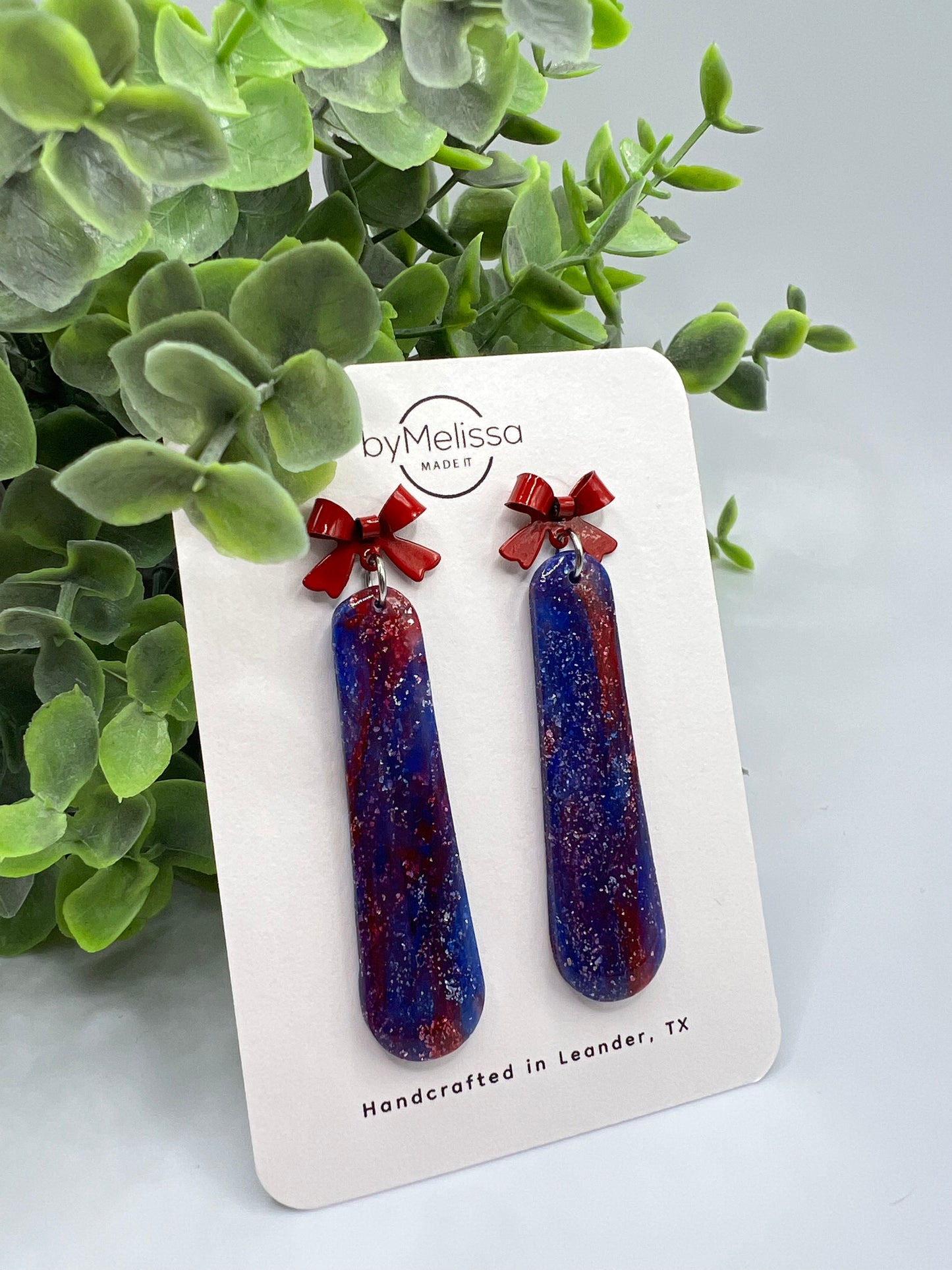 Red and Blue Rounded Bar Drop Earrings with Red Bows