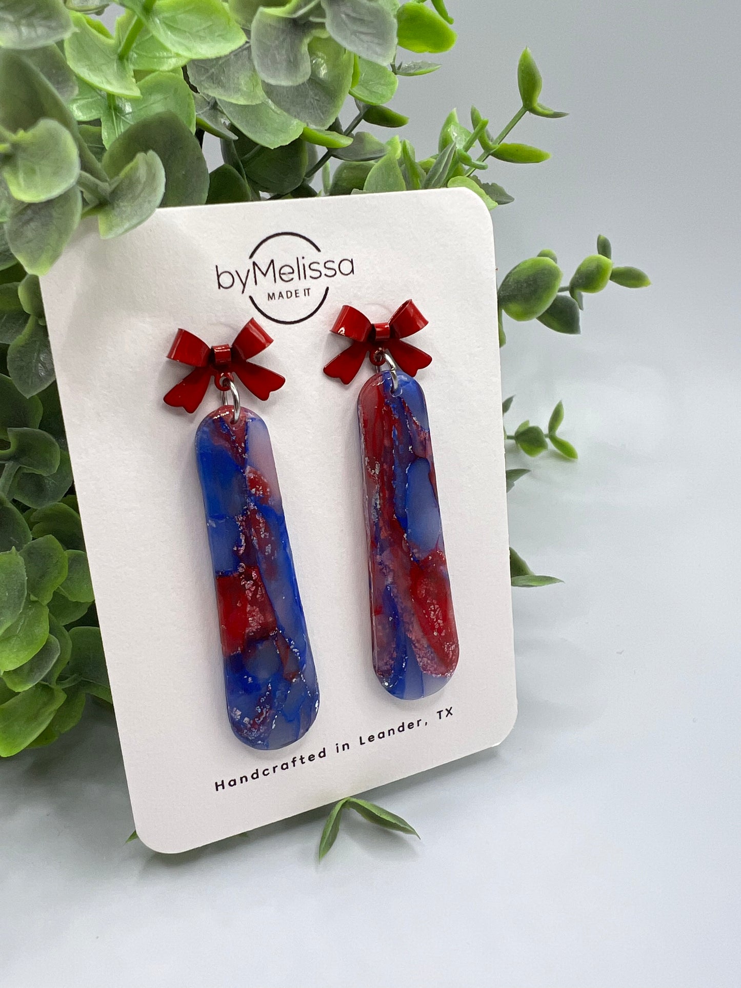 Red and Blue Rounded Bar Drop Earrings with Red Bows