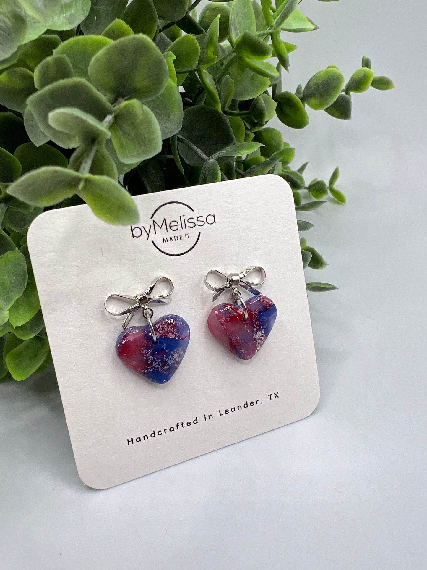 Red and Blue Bowknot Heart Stud Earrings in Silver