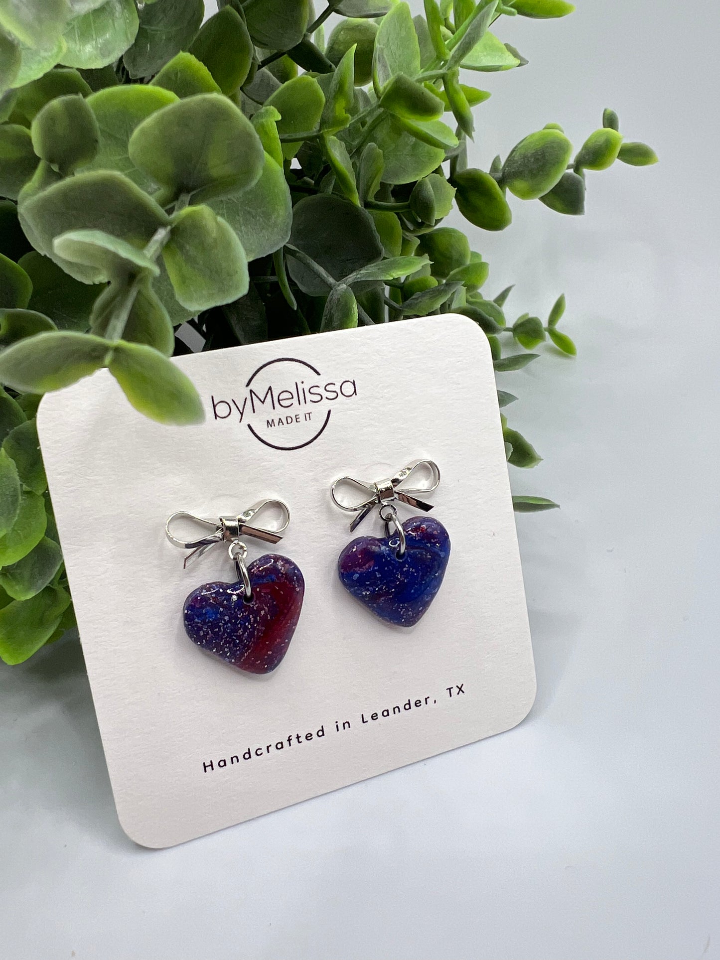 Red and Blue Bowknot Heart Stud Earrings in Silver