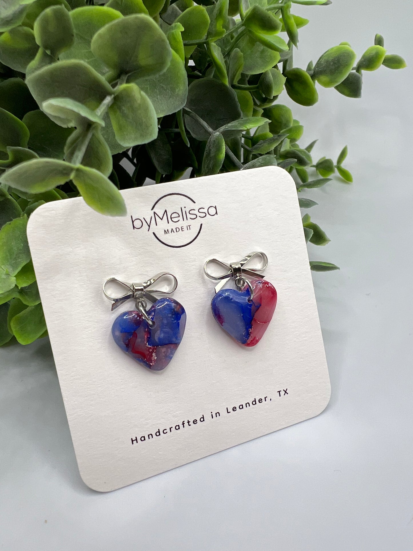 Red and Blue Bowknot Heart Stud Earrings in Silver