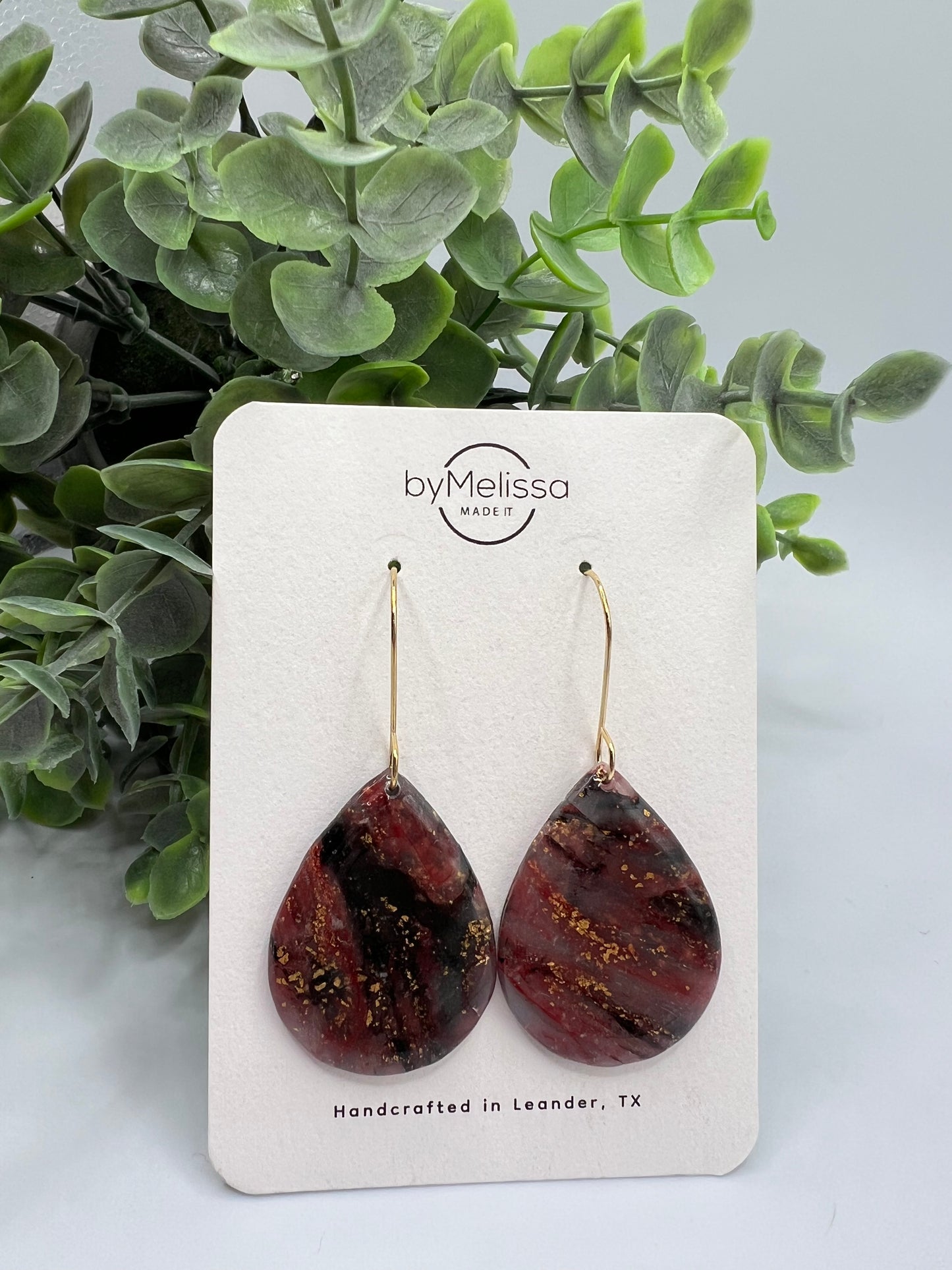 Maroon and Black Small Wide Teardrop Drop Earrings in Gold