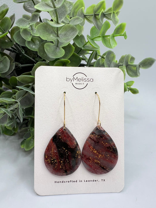 Maroon and Black Small Wide Teardrop Drop Earrings in Gold