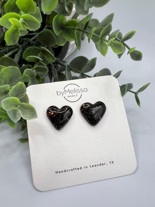 Maroon and Black Sparkle Heart Stud Earrings