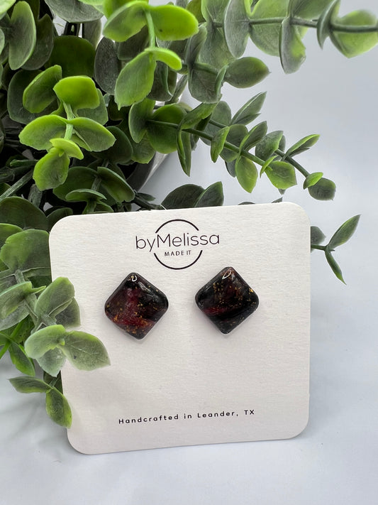 Maroon and Black Sparkle Round Square Stud Earrings