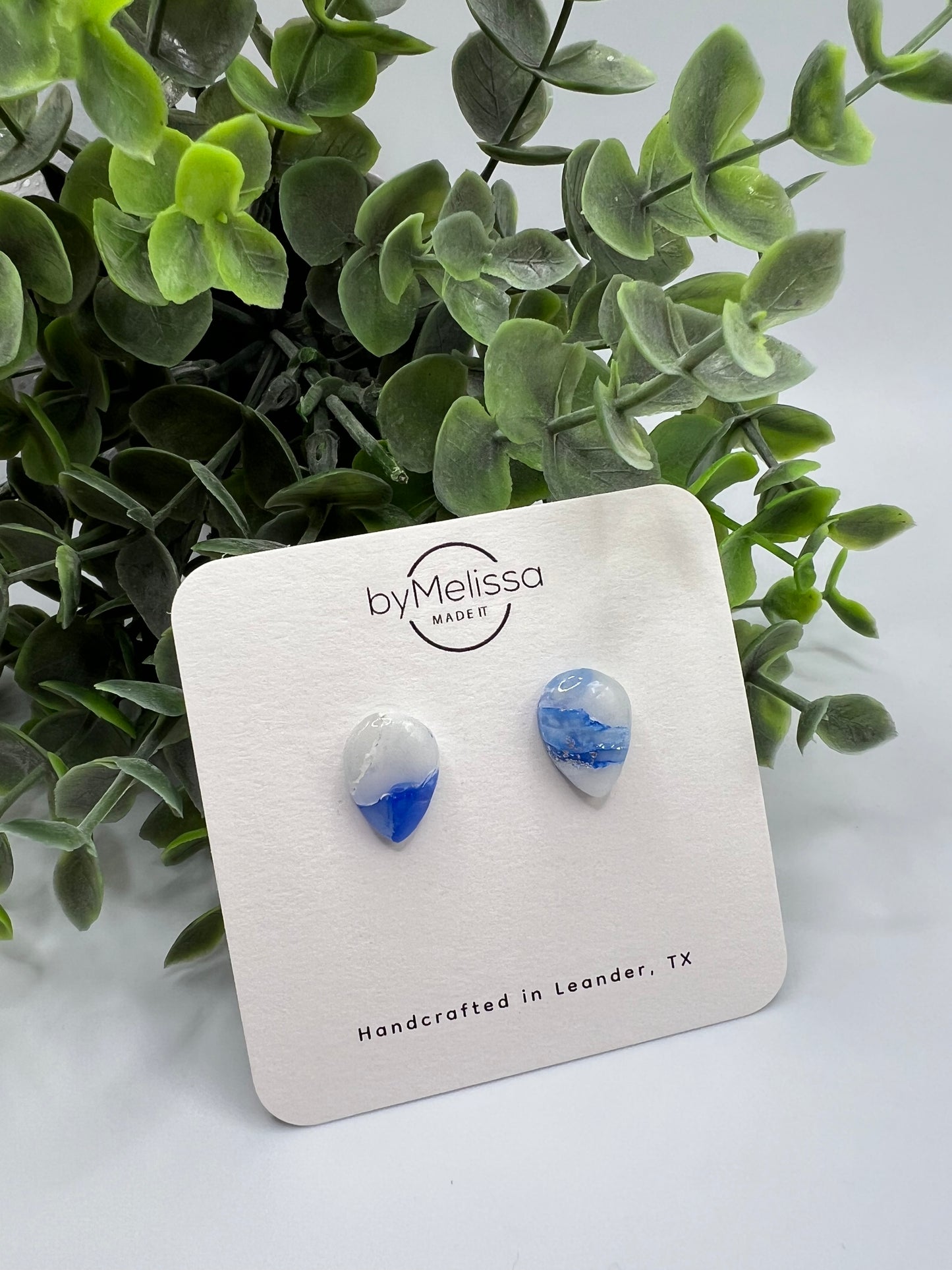 Blue and White Teardrop Stud Earrings