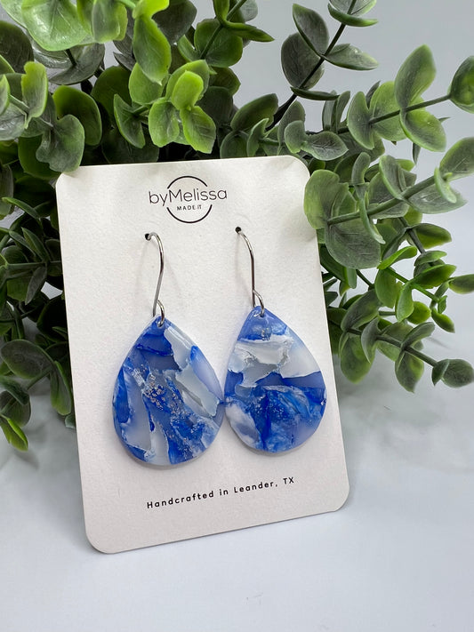 Blue and White Small Wide Teardrop Drop Earrings in Silver