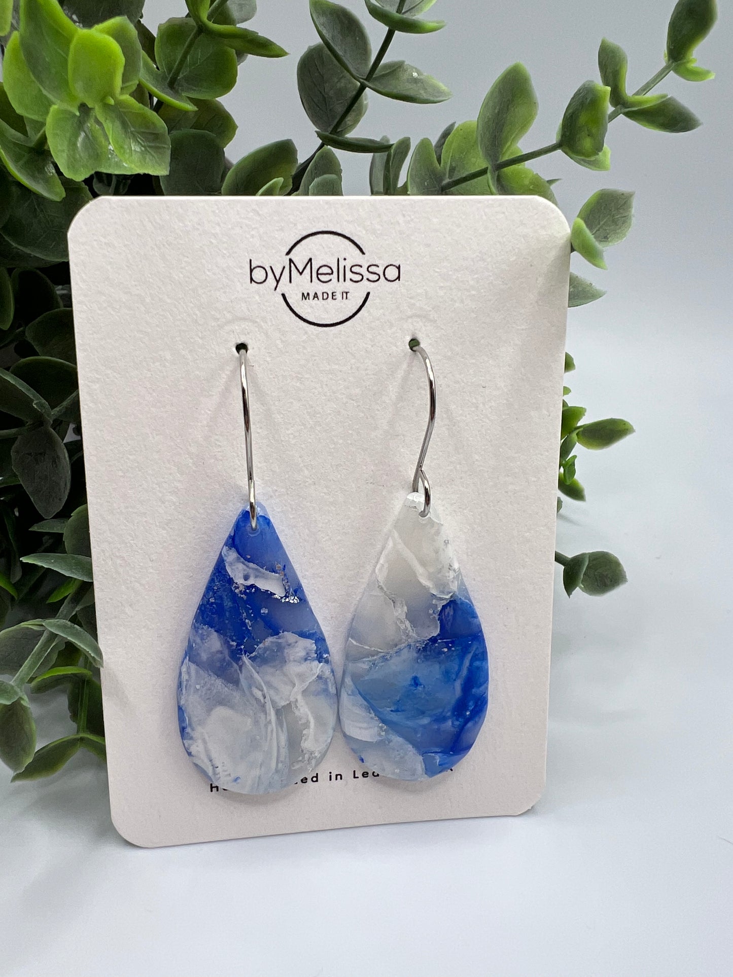 Blue and White Small Teardrop Drop Earrings in Silver