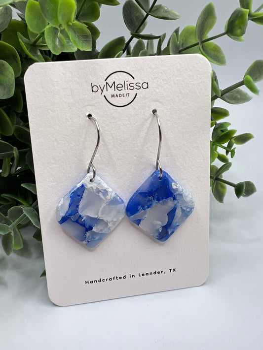 Blue and White Small Rounded Square Drop Earrings in Silver