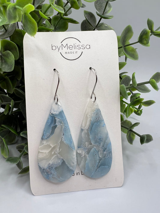 Columbia Blue and White Large Teardrop Drop Earrings in Silver