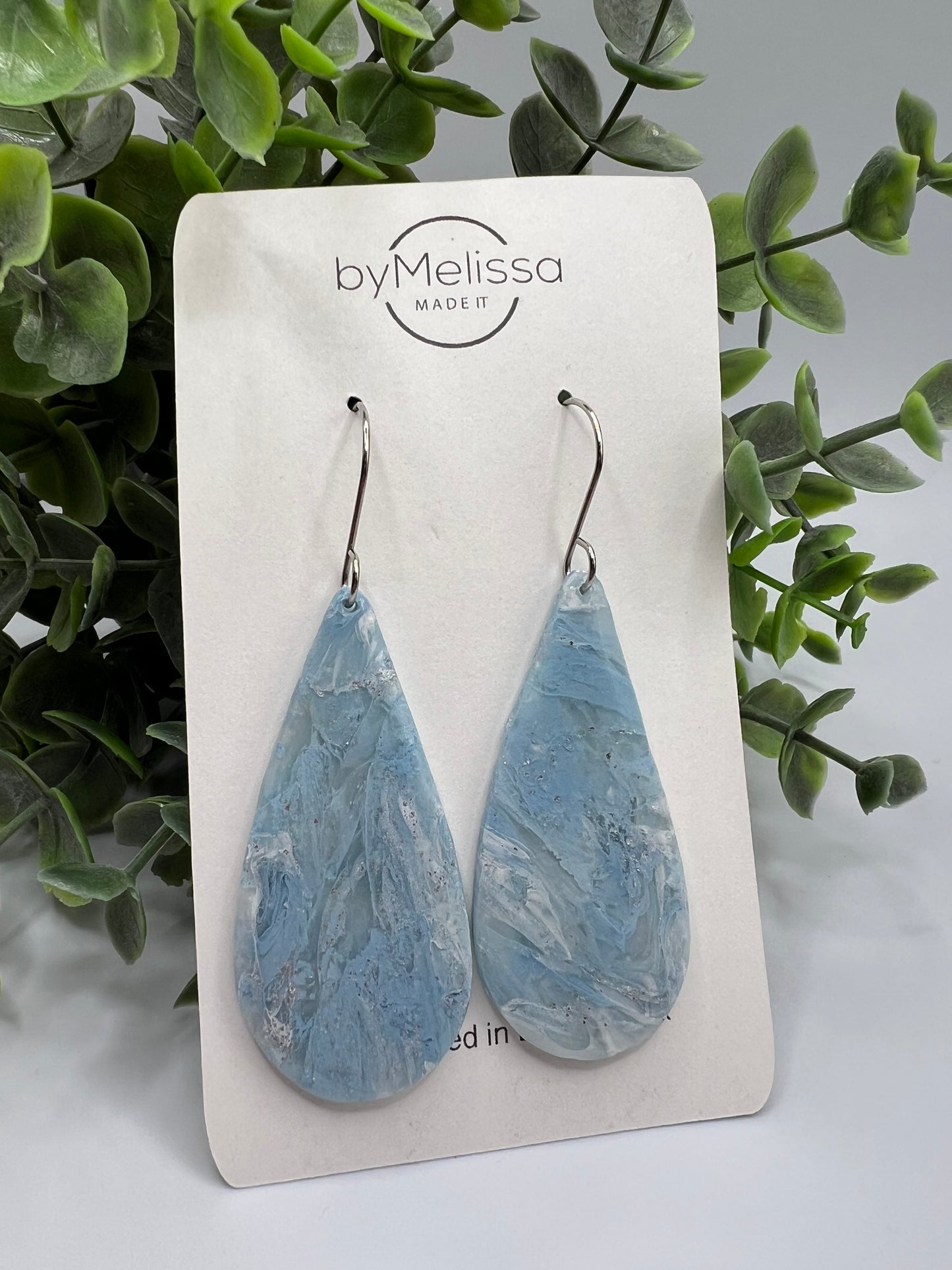 Columbia Blue and White Large Teardrop Drop Earrings in Silver