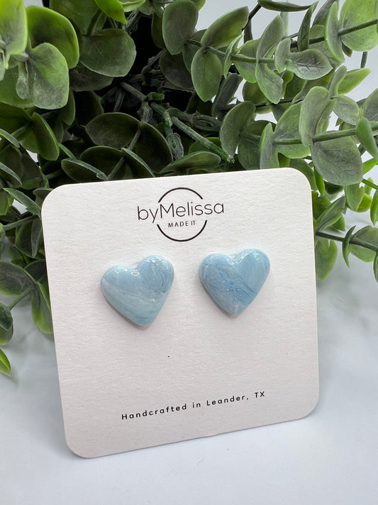 Columbia Blue and White Heart Stud Earrings