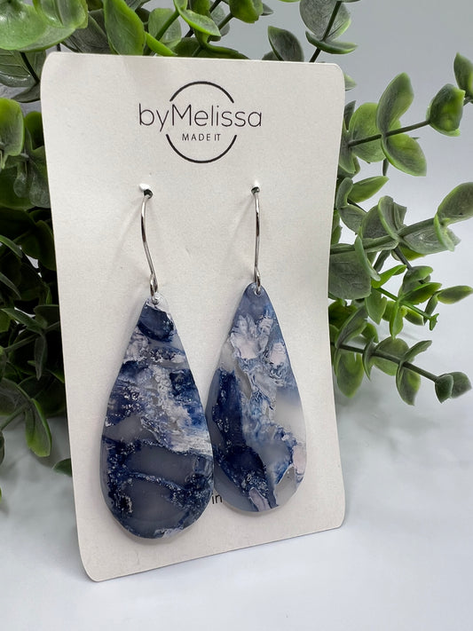 Navy and White Large Teardrop Drop Earrings in Silver