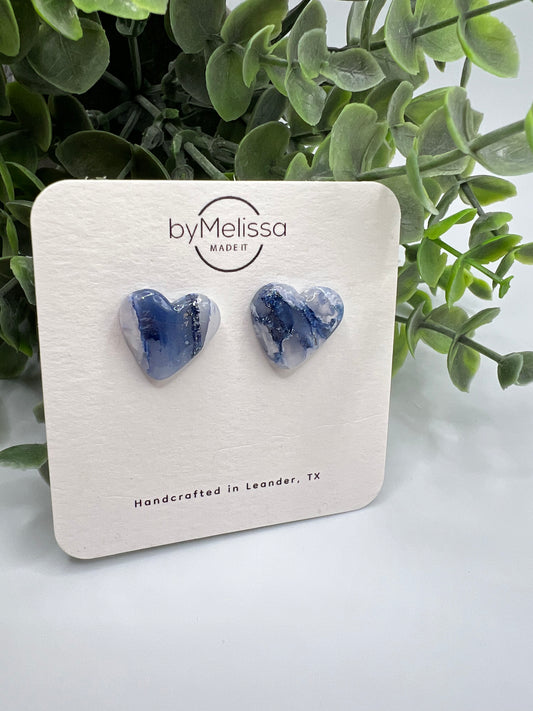 Navy and White Heart Stud Earrings