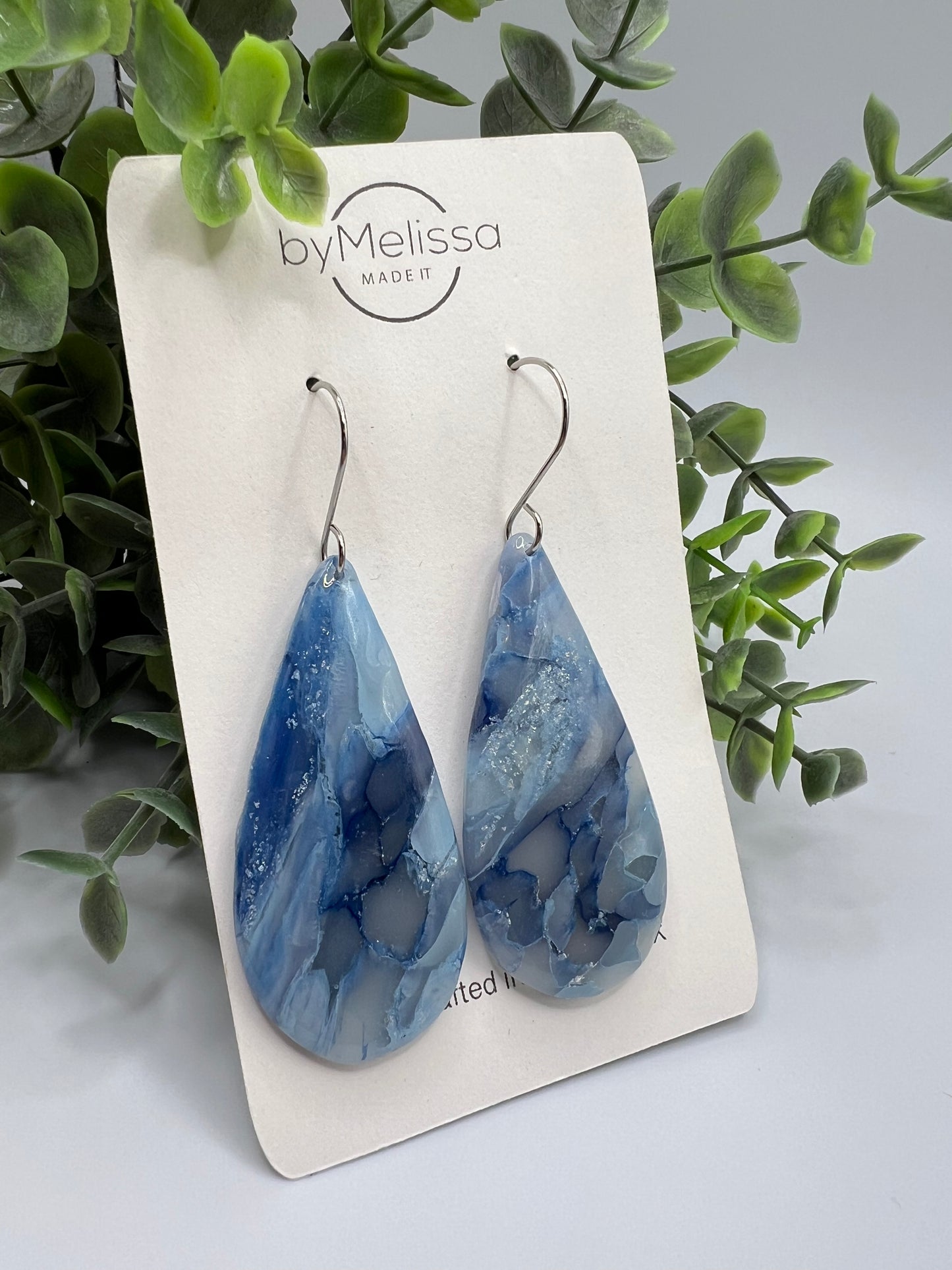 Navy and Columbia Blue Large Teardrop Earrings in Silver