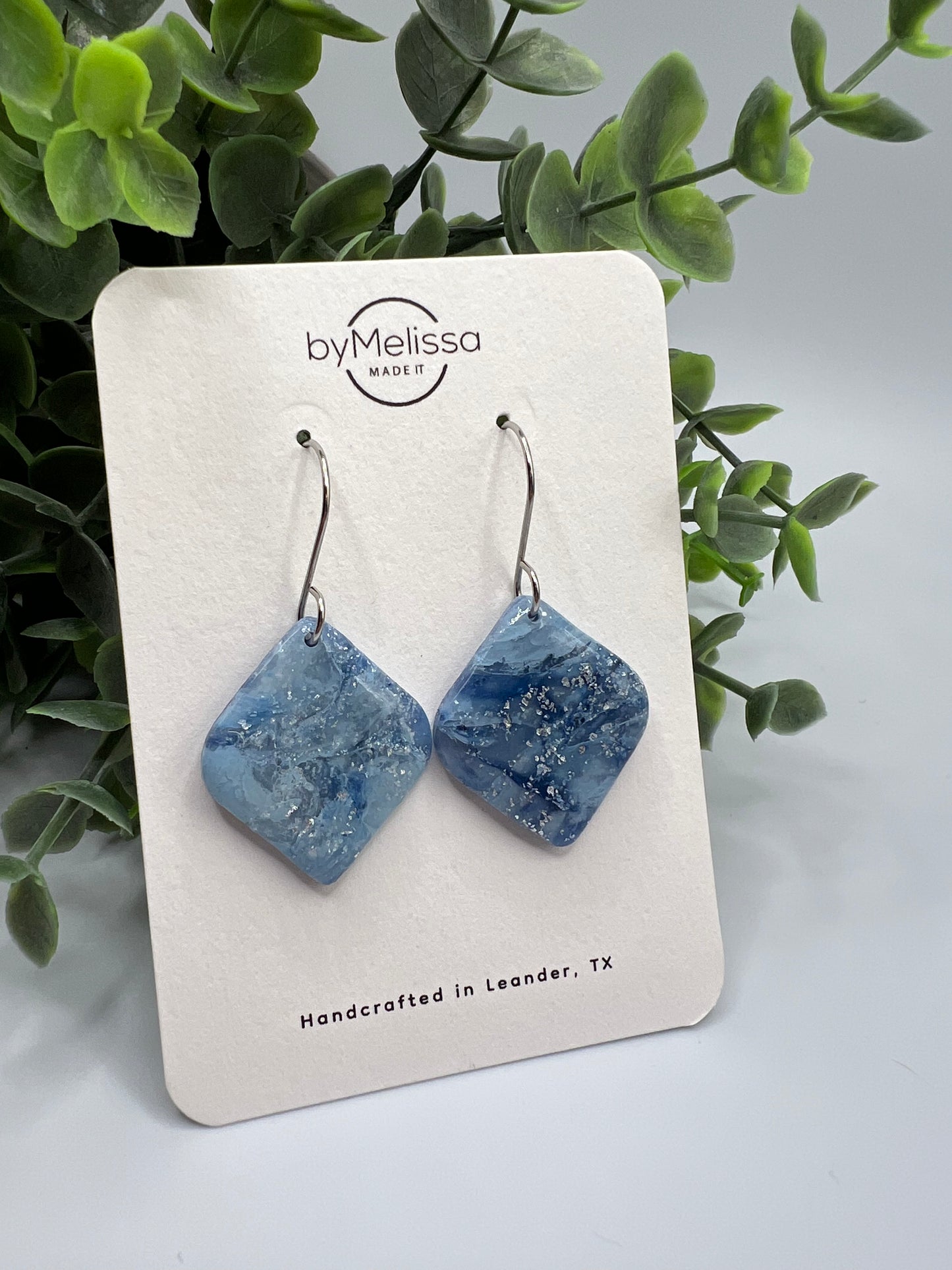 Navy and Columbia Blue Rounded Square Earrings in Silver