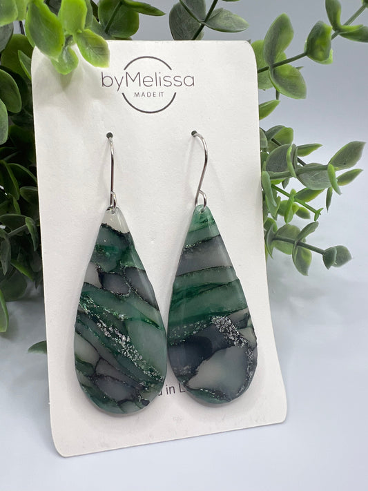 Forest Green and Black Large Teardrop Drop Earrings in Silver