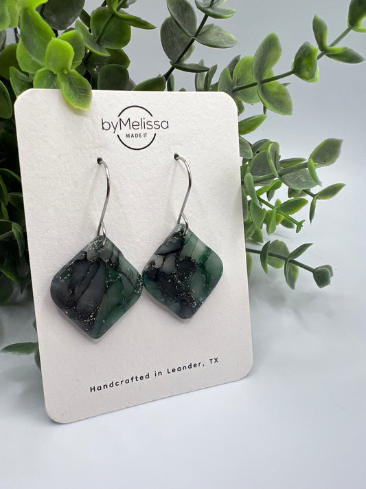 Forest Green and Black Small Rounded Square Drop Earrings in Silver