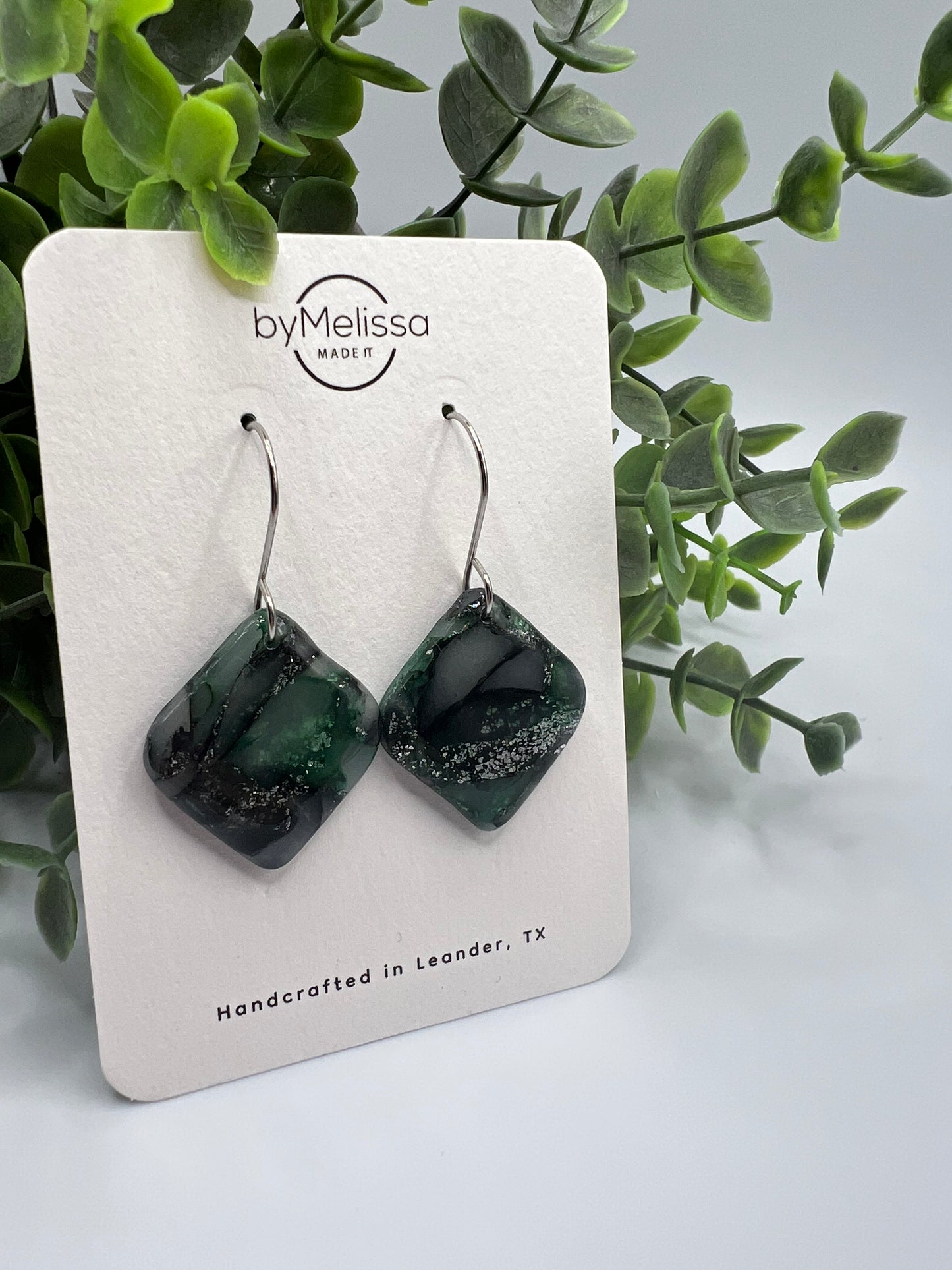 Forest Green and Black Small Rounded Square Drop Earrings in Silver