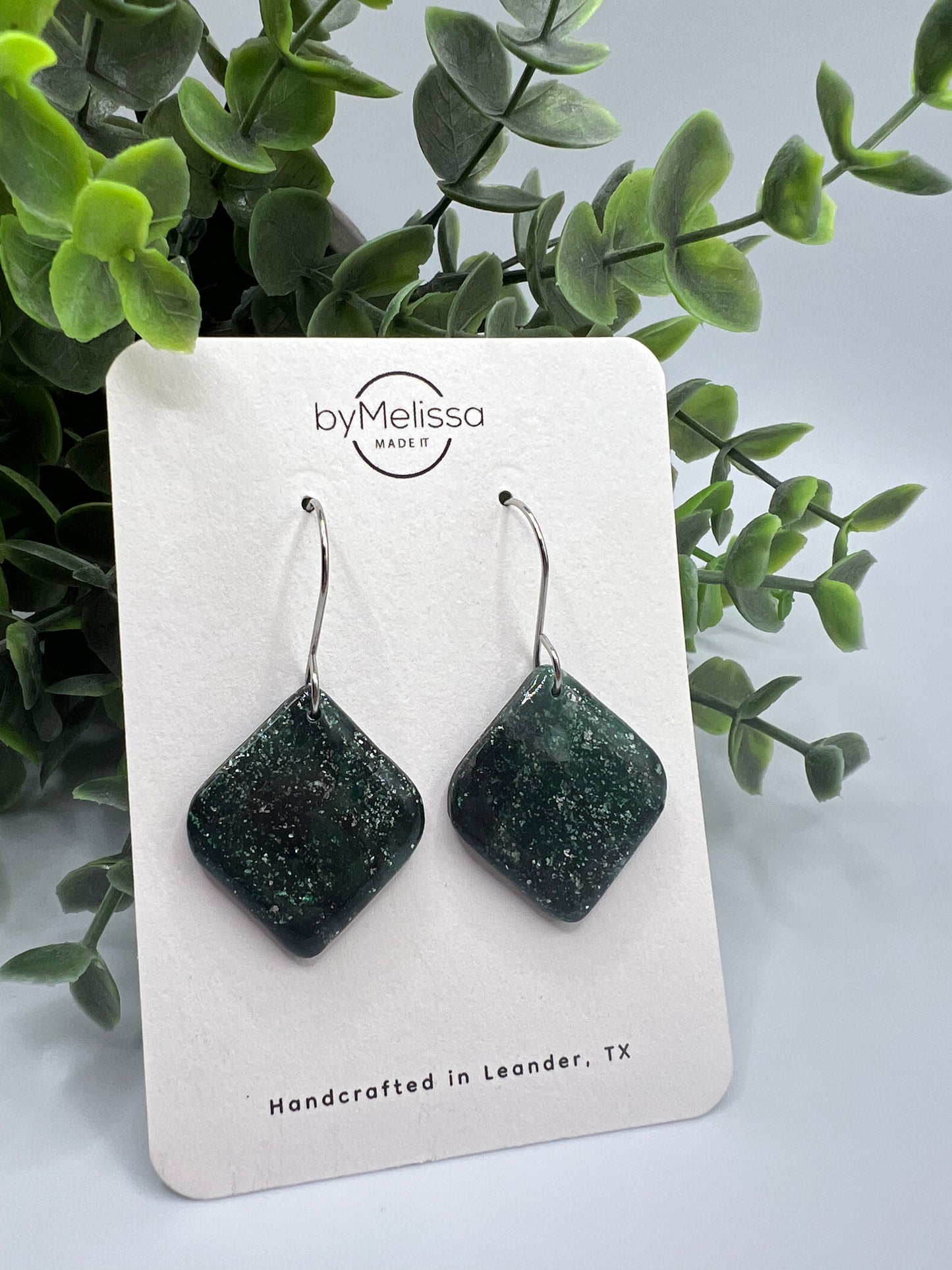 Forest Green and Black Small Rounded Square Drop Earrings in Silver