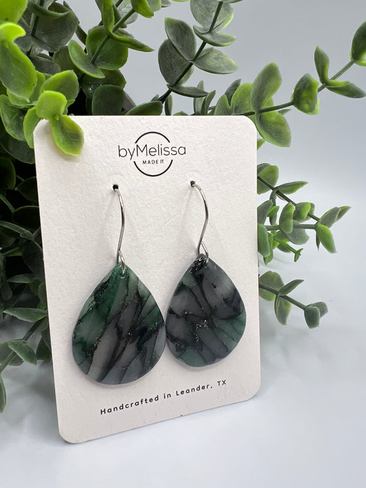 Forest Green and Black Small Wide Teardrop Drop Earrings in Silver