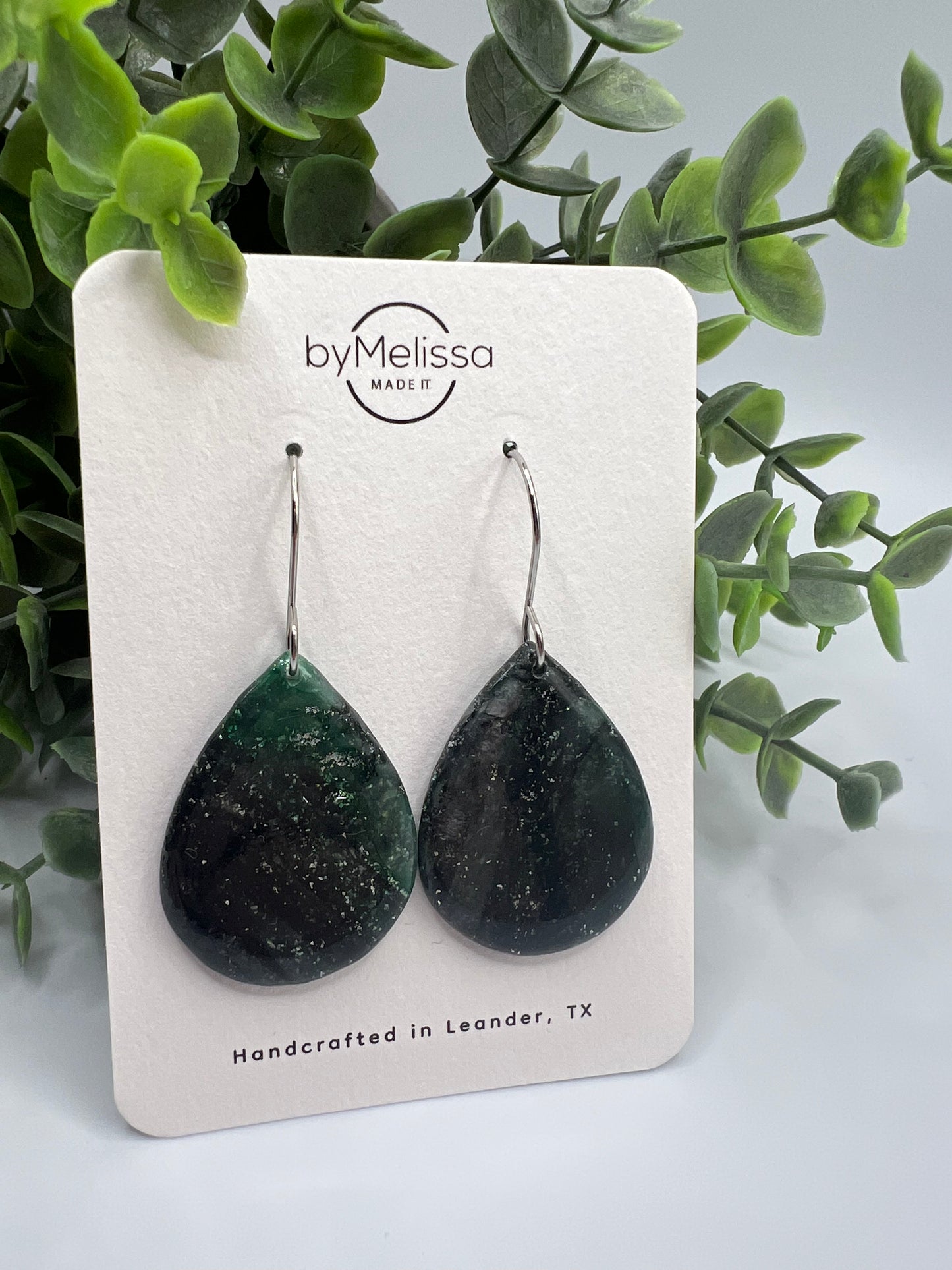 Forest Green and Black Small Wide Teardrop Drop Earrings in Silver