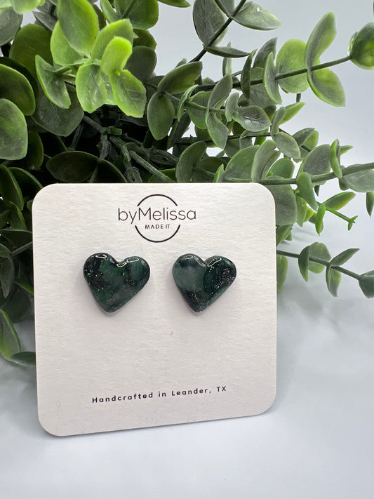 Forest Green and Black Heart Stud Earrings