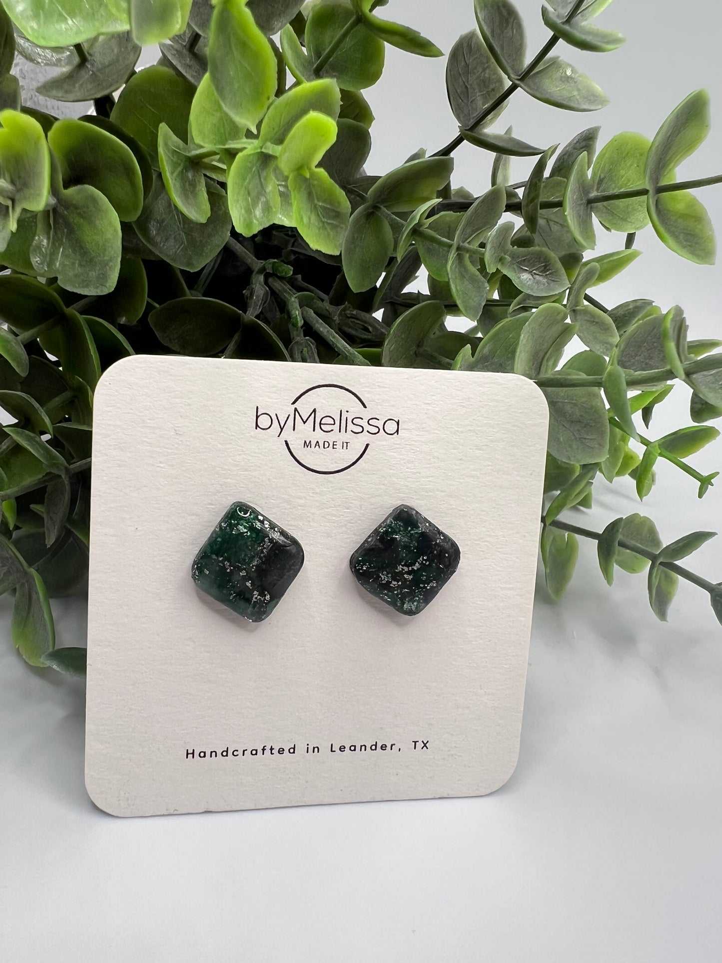 Forest Green and Black Rounded Square Stud Earrings