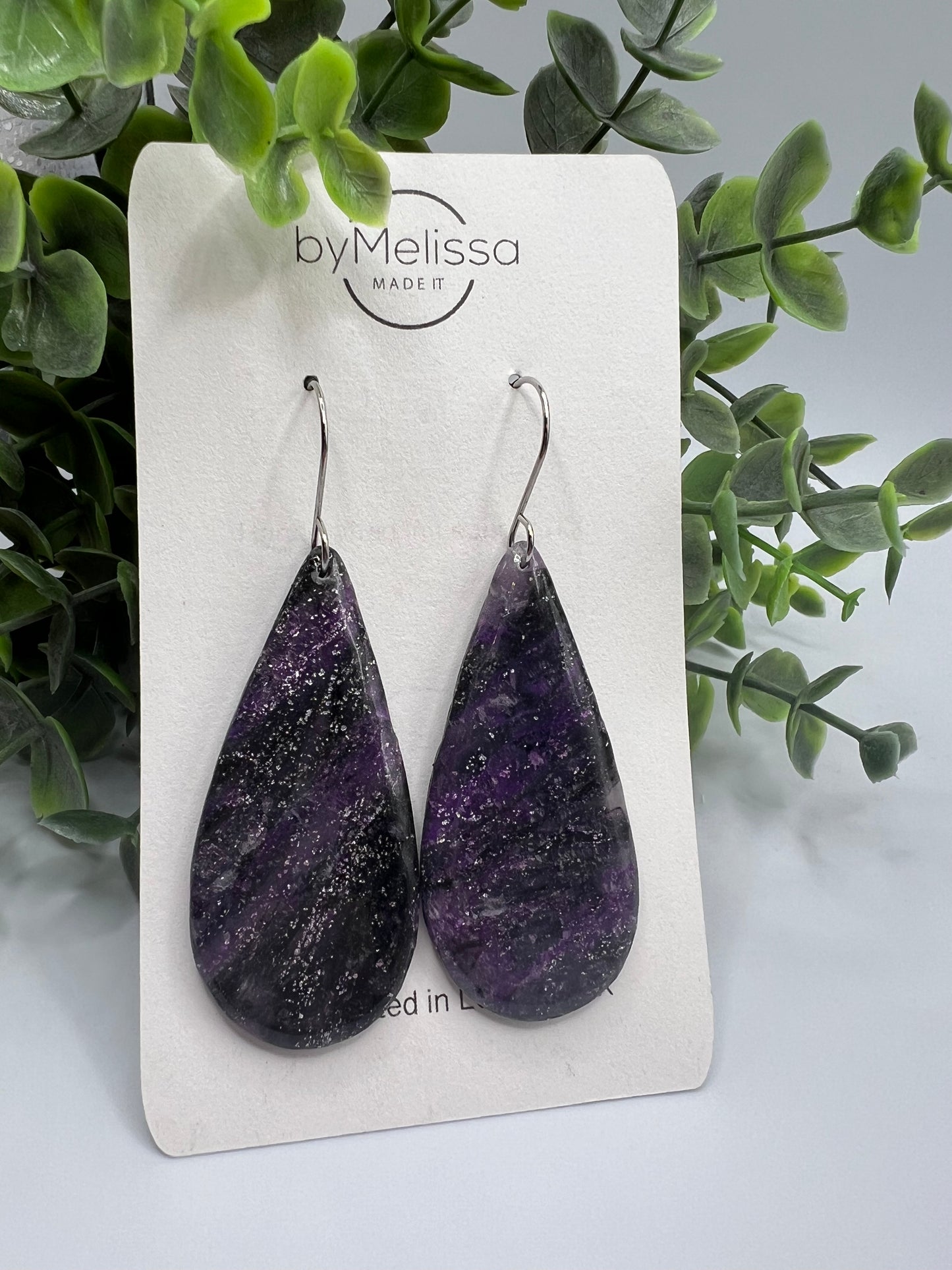 Purple and Black Large Teardrop Drop Earrings in Silver