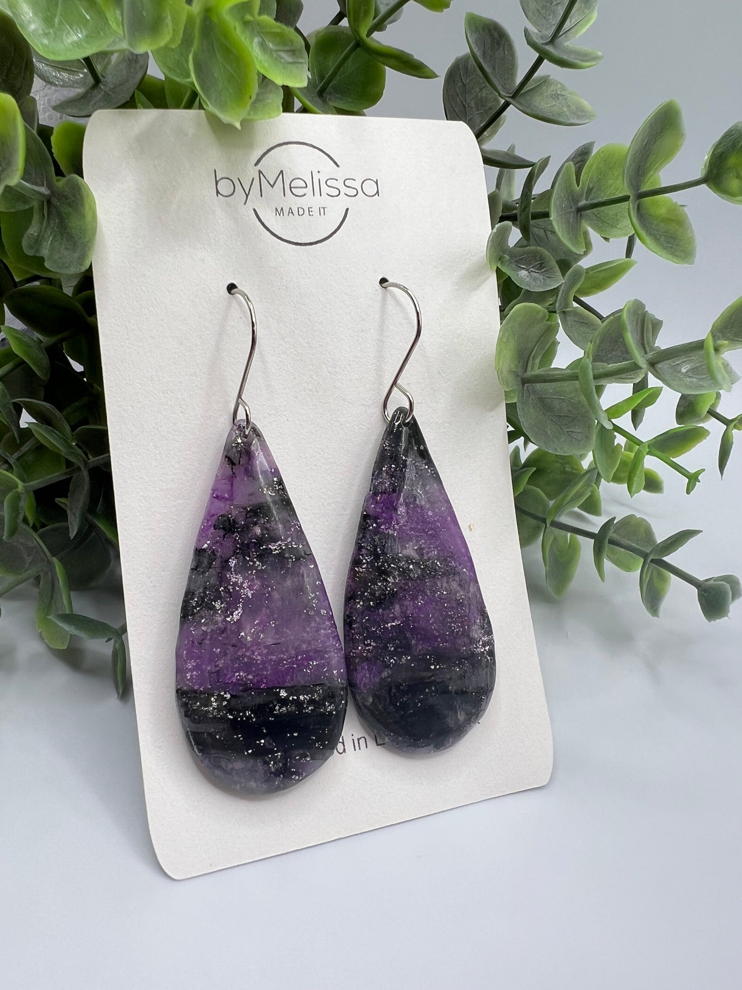 Purple and Black Large Teardrop Drop Earrings in Silver