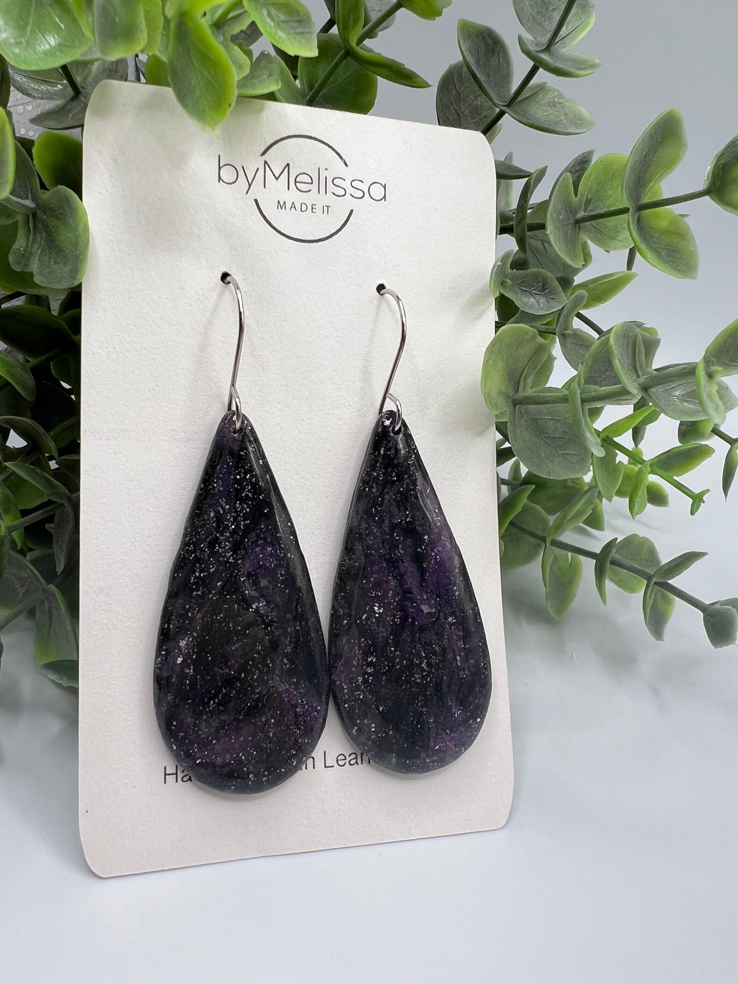 Purple and Black Large Teardrop Drop Earrings in Silver