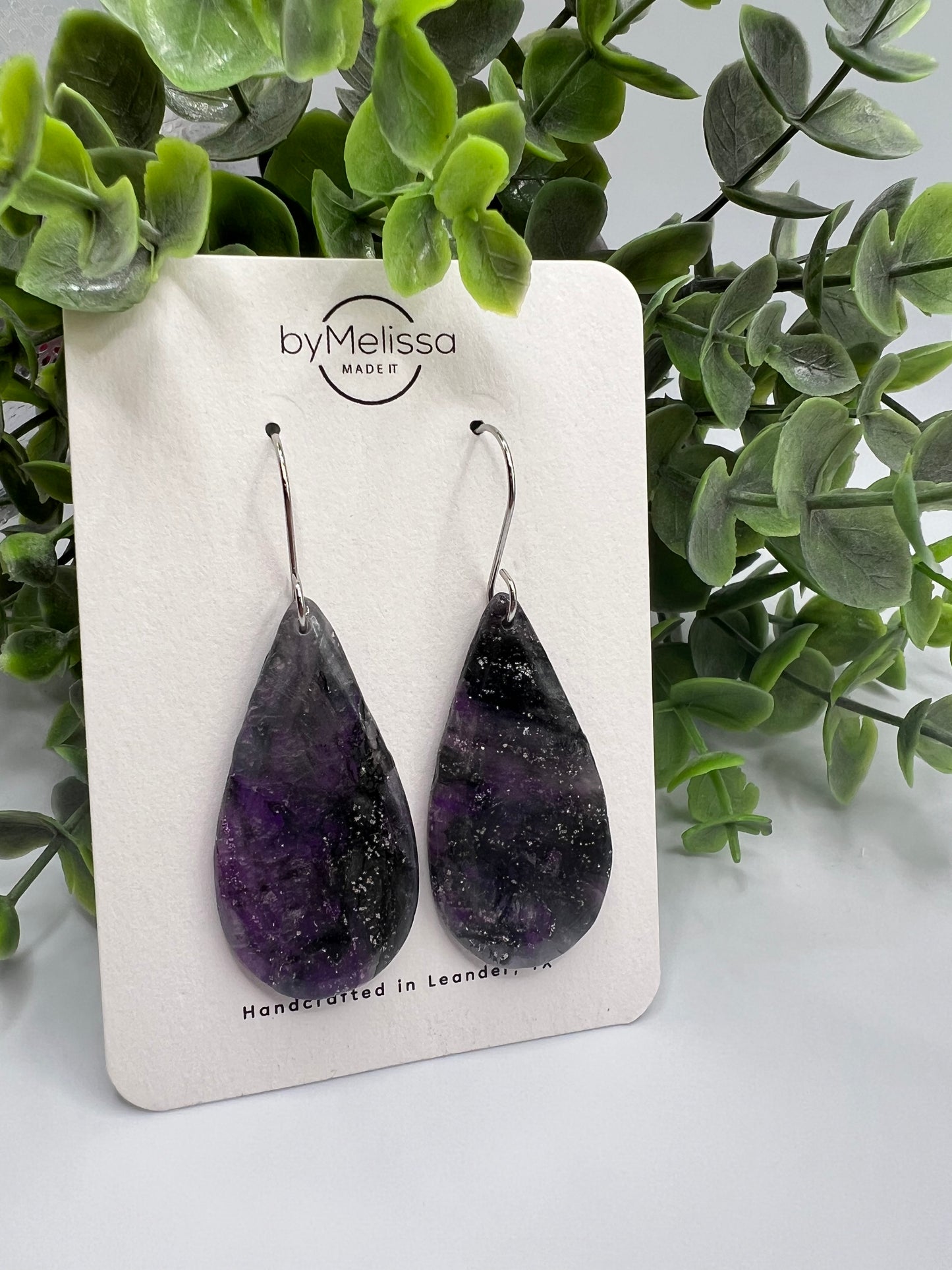 Purple and Black Small Teardrop Drop Earrings in Silver