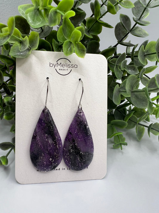 Purple and Black Small Teardrop Drop Earrings in Silver