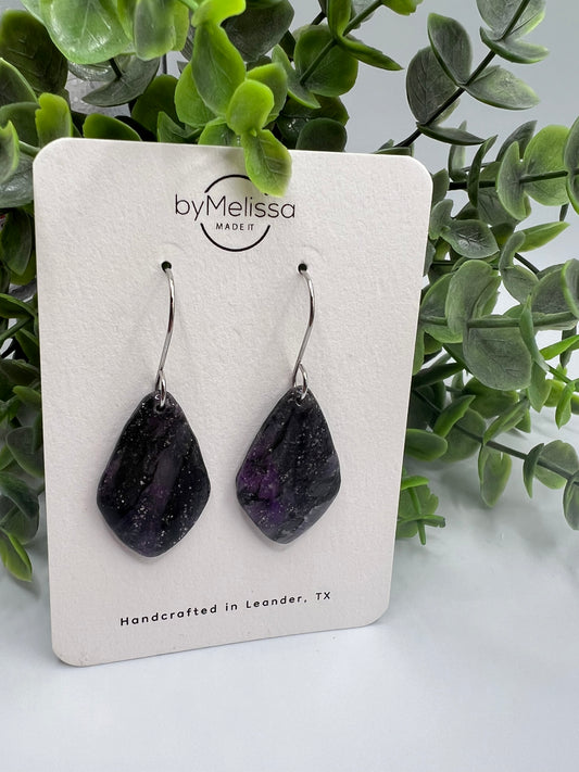 Purple and Black Small Kite Drop Earrings in Silver