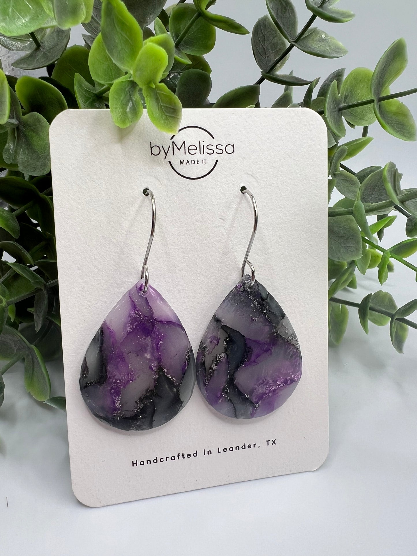 Purple and Black Small Wide Teardrop Drop Earrings in Silver