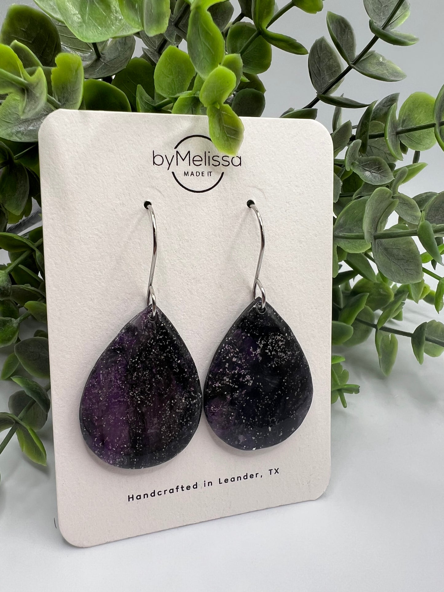 Purple and Black Small Wide Teardrop Drop Earrings in Silver