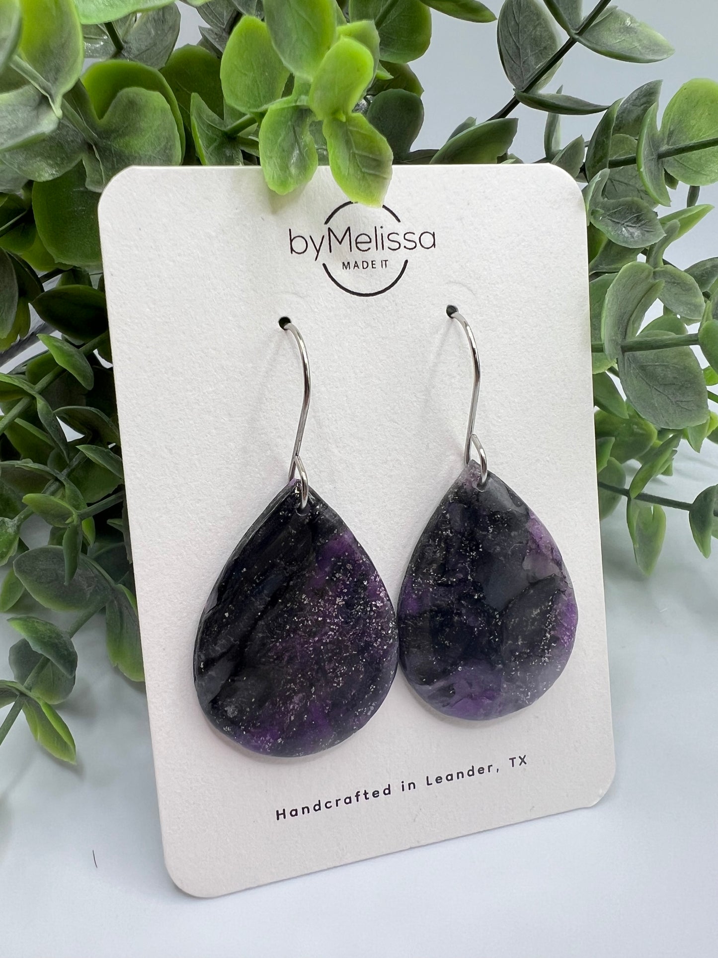 Purple and Black Small Wide Teardrop Drop Earrings in Silver