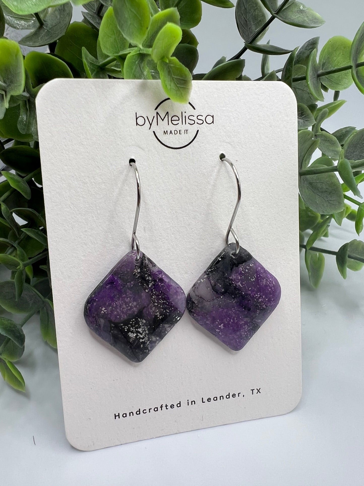 Purple and Black Small Rounded Square Drop Earrings in Silver