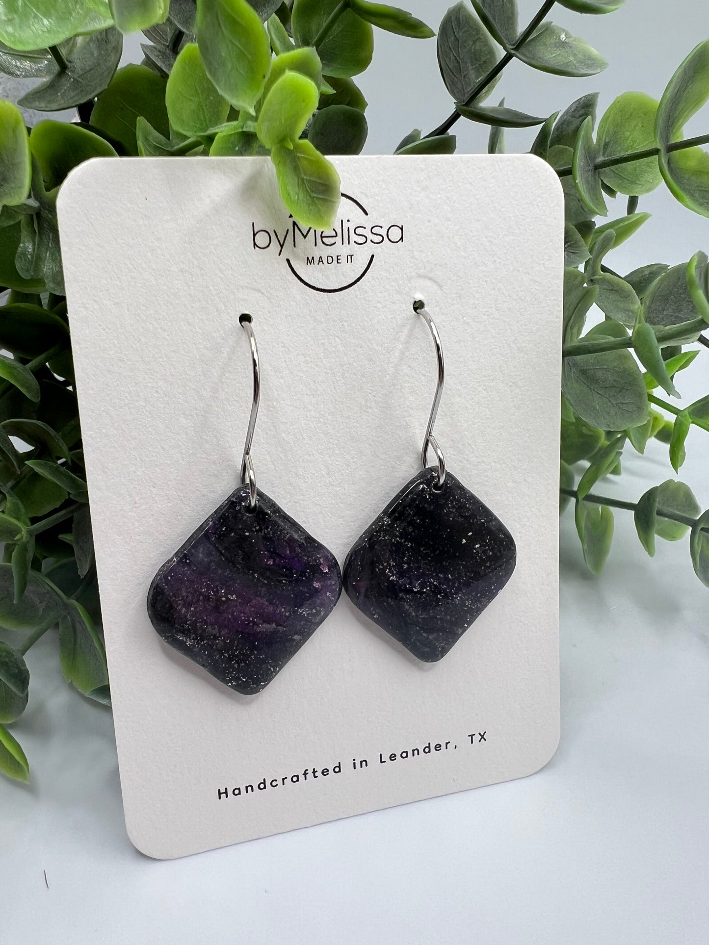 Purple and Black Small Rounded Square Drop Earrings in Silver