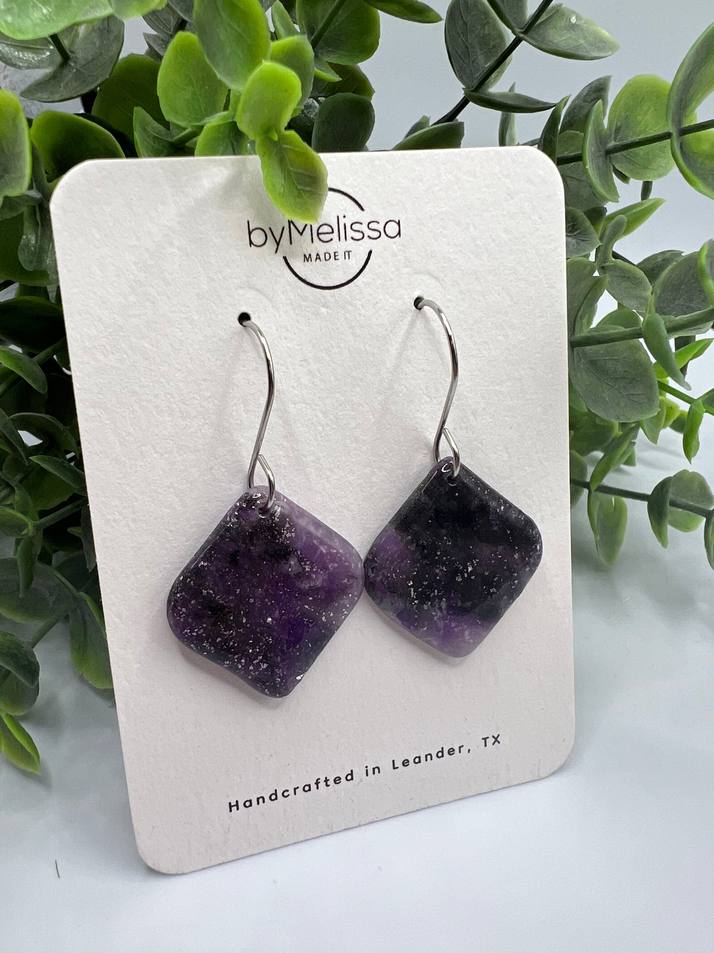 Purple and Black Small Rounded Square Drop Earrings in Silver