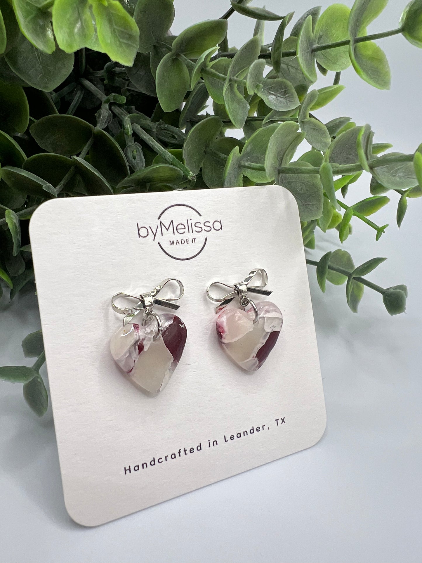 Maroon and White Bowknot Heart Earrings in Silver