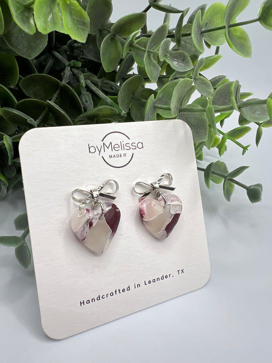 Maroon and White Bowknot Heart Earrings in Silver