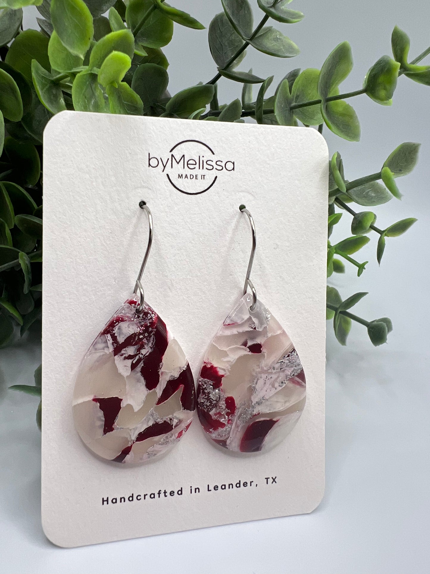 Maroon and White Small Wide Teardrop Drop Earrings in Silver