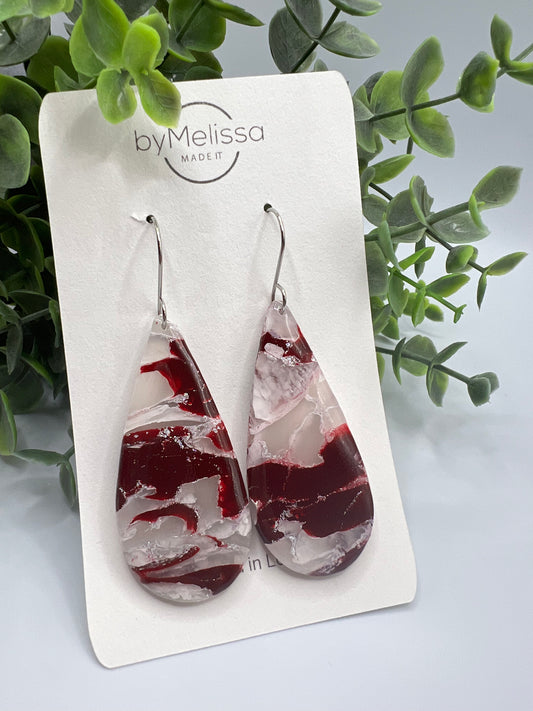 Maroon and White Large Teardrop Drop Earrings in Silver